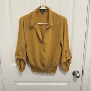 OLM Women's Gold Blouse Elastic Waist Roll Sleeve Size M